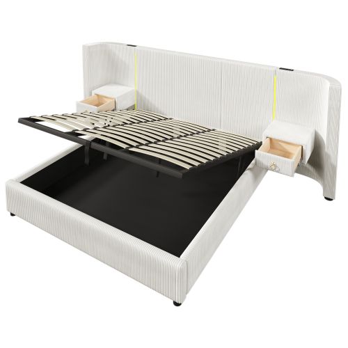 Lit Coffre Adulte 180x200 Cm Avec Bande LED, 2 Tiroirs, USB Et Type-c, En Velours, Beige