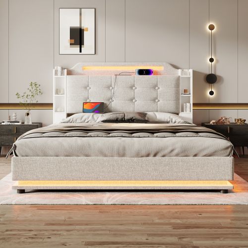 Lit Coffre 140x200 Cm Avec Barre Lumineuse LED, USB Et Type-c, En Lin Beige