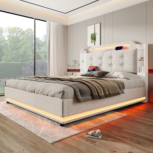 Lit Coffre 140x200 Cm Avec Barre Lumineuse LED, USB Et Type-c, En Lin Beige