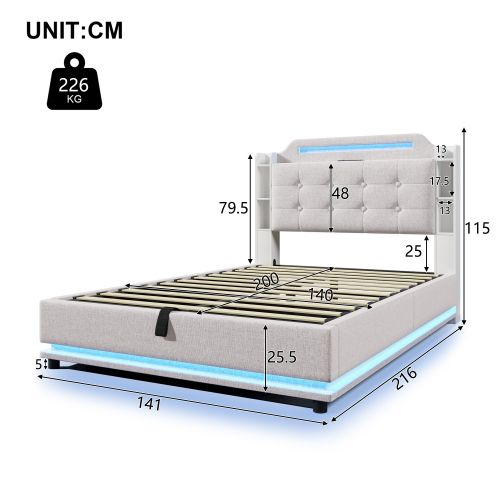 Lit Coffre 140x200 Cm Avec Barre Lumineuse LED, USB Et Type-c, En Lin Beige