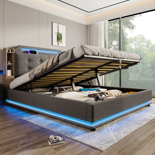 Lit Coffre 140x200 Cm Avec Barre Lumineuse LED, USB Et Type-c, En Lin Gris