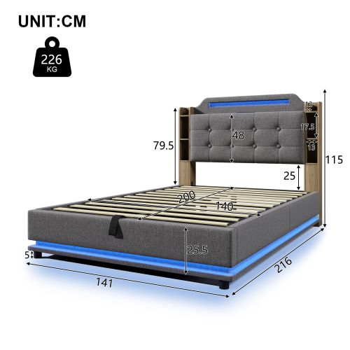 Lit Coffre 140x200 Cm Avec Barre Lumineuse LED, USB Et Type-c, En Lin Gris