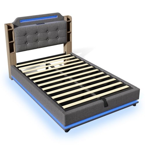 Lit Coffre 140x200 Cm Avec Barre Lumineuse LED, USB Et Type-c, En Lin Gris