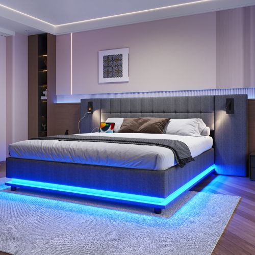 Lit Adulte 180x200 Cm Avec Bande LED, Tête De Lit Avec Spot, USB, En Lin Gris