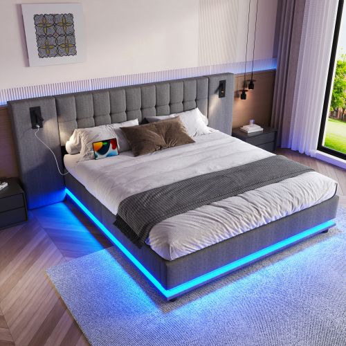 Lit Adulte 180x200 Cm Avec Bande LED, Tête De Lit Avec Spot, USB, En Lin Gris