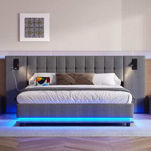 Lit Adulte 180x200 Cm Avec Bande LED, Tête De Lit Avec Spot, USB, En Lin Gris