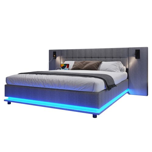 Lit Adulte 180x200 Cm Avec Bande LED, Tête De Lit Avec Spot, USB, En Lin Gris