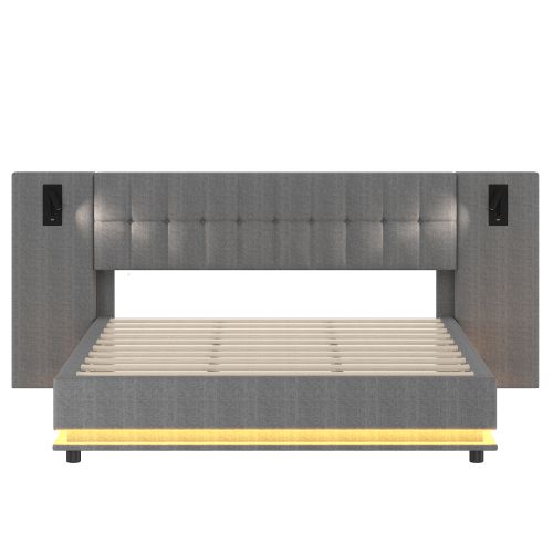 Lit Adulte 180x200 Cm Avec Bande LED, Tête De Lit Avec Spot, USB, En Lin Gris