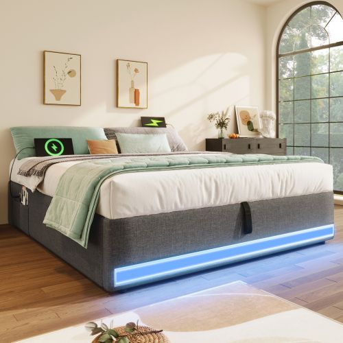 Lit Coffre 140x200 Cm Avec Bande LED Télécommandée, USB Et Type-c, Poches, Sans Tête De Lit, Gris
