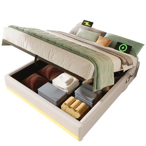 Lit Coffre 140x200 Cm Avec Bande LED Télécommandée, USB Et Type-c, Poches, Sans Tête De Lit, Beige