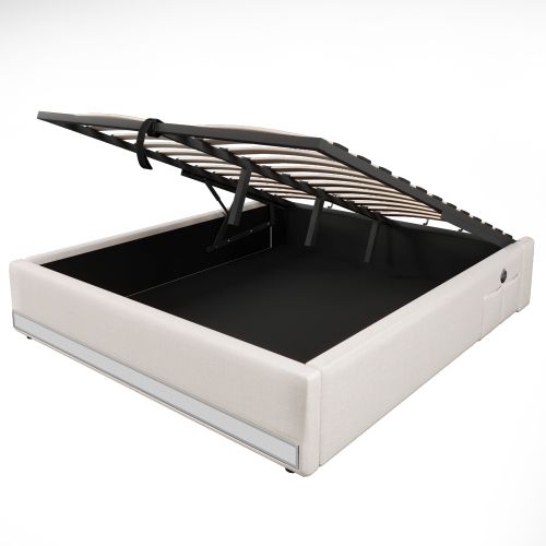 Lit Coffre 140x200 Cm Avec Bande LED Télécommandée, USB Et Type-c, Poches, Sans Tête De Lit, Beige