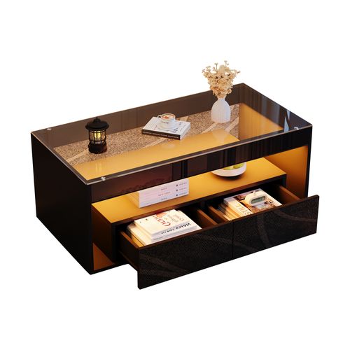 Table Basse LED Moderne 100x50x40cm, 2 Tiroirs, Panneaux De Particules, Finition Brillante, Noir