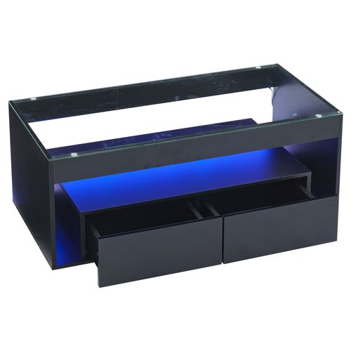 Table Basse LED Moderne 100x50x40cm, 2 Tiroirs, Panneaux De Particules, Finition Brillante, Noir