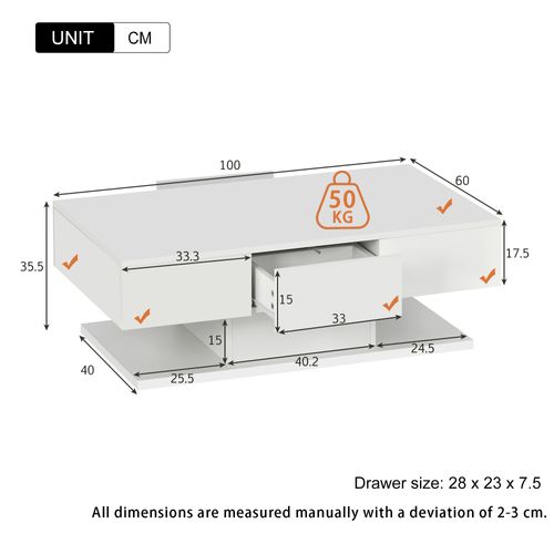 Table Basse Moderne Brillante 100x60x35,5cm, 2 Tiroirs, Avec Bande Lumineuse LED, Blanc