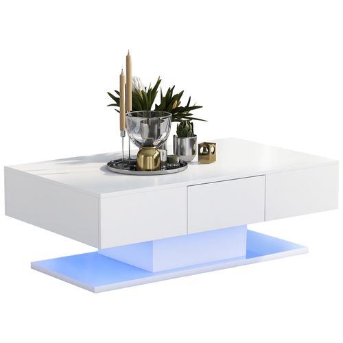 Table Basse Moderne Brillante 100x60x35,5cm, 2 Tiroirs, Avec Bande Lumineuse LED, Blanc
