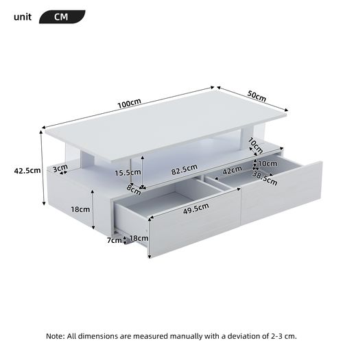 Table Basse LED Moderne 100 X 50 X 42,5 Cm, 2 Tiroirs, Design Double Couche, Étagère Ouverte, Blanc