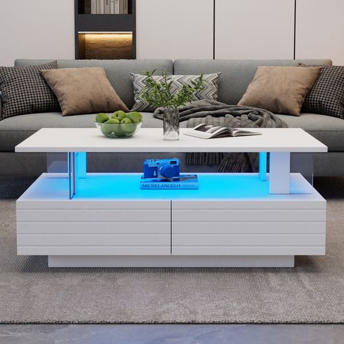 Table Basse LED Moderne 100 X 50 X 42,5 Cm, 2 Tiroirs, Design Double Couche, Étagère Ouverte, Blanc
