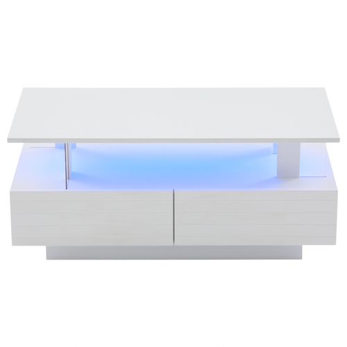 Table Basse LED Moderne 100 X 50 X 42,5 Cm, 2 Tiroirs, Design Double Couche, Étagère Ouverte, Blanc