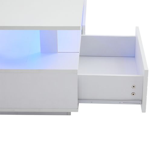 Table Basse LED Moderne 100 X 50 X 42,5 Cm, 2 Tiroirs, Design Double Couche, Étagère Ouverte, Blanc