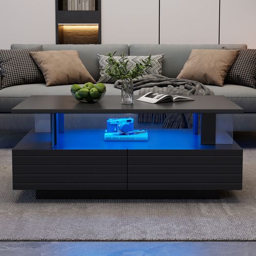 Table Basse LED Moderne 100x50x42,5 Cm, 2 Tiroirs, Design Double Couche, Étagère Ouverte, Noir