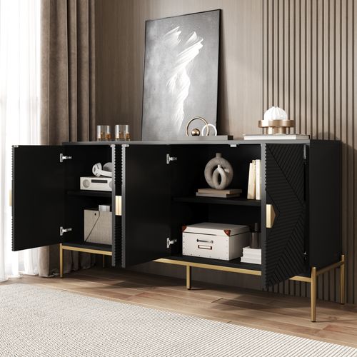 Buffet noir Moderne 162x40x80cm, 4 Portes, PB+MDF+métal, Noir