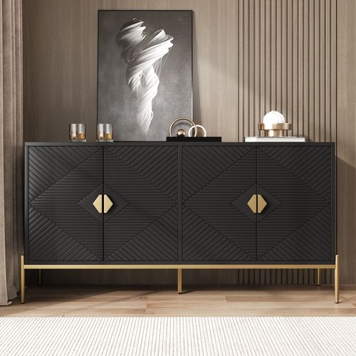 Buffet noir Moderne 162x40x80cm, 4 Portes, PB+MDF+métal, Noir