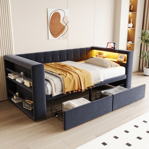 Lit Enfant 90x190cm, Avec Éclairage LED, Prise Électrique, 2 Tiroirs, Gris Foncé.