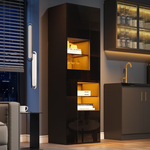 Vitrine LED Moderne Haute Brillance 55 X 38 X 170 Cm, 1 Tiroir, 4 Portes, Cloisons En Verre, Noir