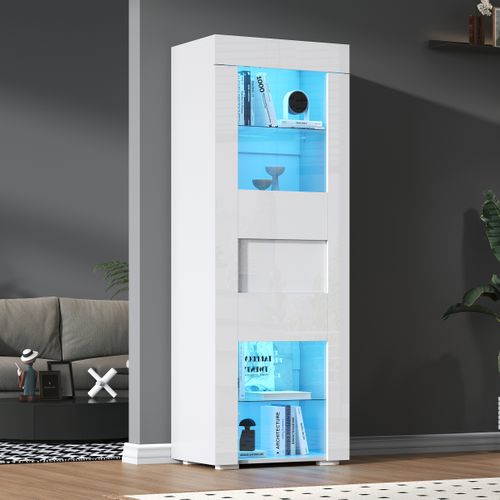 Vitrine Haute Brillance 60x40x170cm, Avec Éclairage LED, 2 cloisons vitrées, Blanc