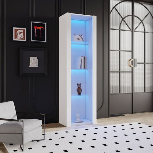 Vitrine Haute Blanche Laquée Avec LED, 3 Étagères En Verre, 55 X 38 X 166 Cm, Pour Salon Ou Bureau.