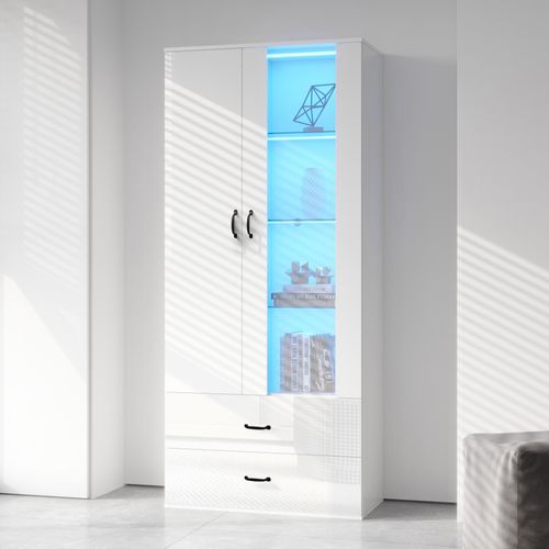 Vitrine LED 16 Couleurs, 2 Portes Transparentes, Meuble De Salon Blanc, Éclairage Intégré.