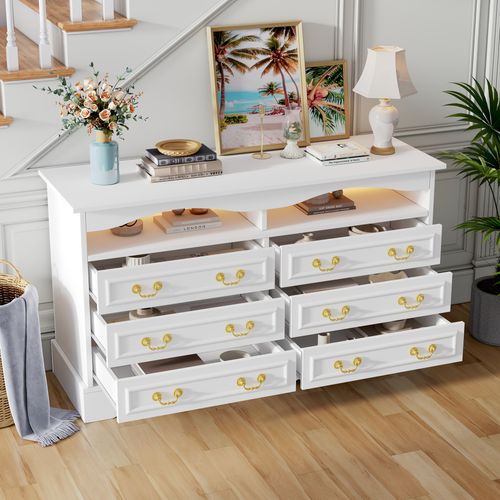 Commode Moderne Blanche 120 X 40 X 70 Cm, 6 Compartiments, LED, Étagères Halboffenes