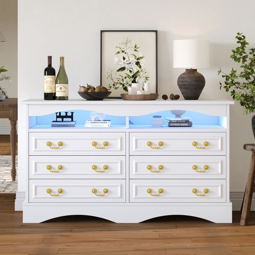 Commode Moderne Blanche 120 X 40 X 70 Cm, 6 Compartiments, LED, Étagères Halboffenes