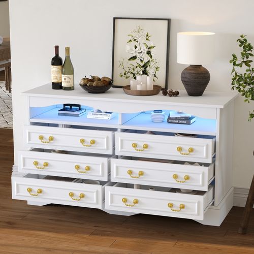 Commode Moderne Blanche 120 X 40 X 70 Cm, 6 Compartiments, LED, Étagères Halboffenes