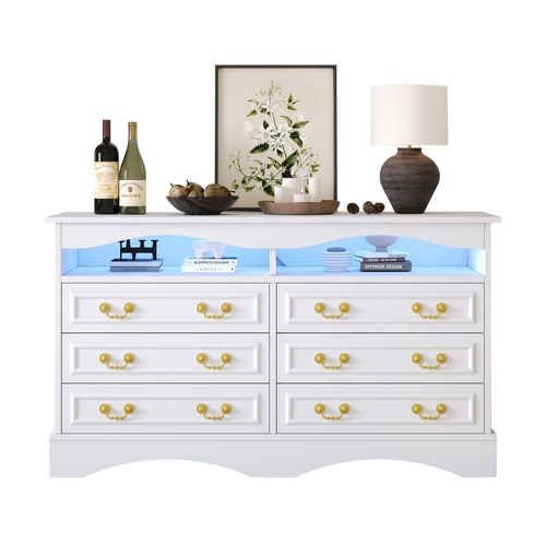 Commode Moderne Blanche 120 X 40 X 70 Cm, 6 Compartiments, LED, Étagères Halboffenes