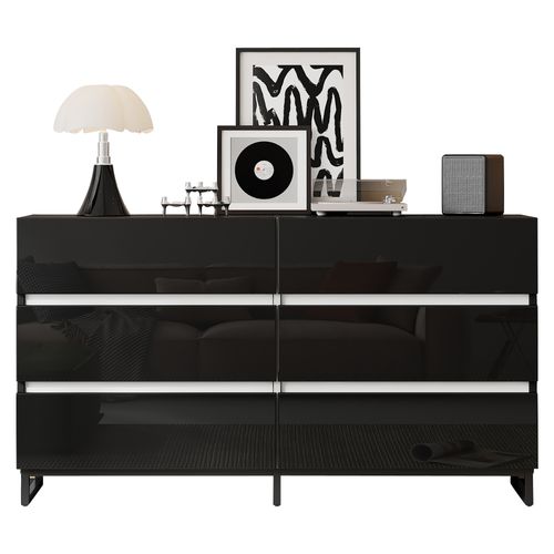 Commode Noire 140 X 39,5 X 78,5 Cm, 6 Tiroirs, Pieds Métalliques, Grande Capacité De Rangement.