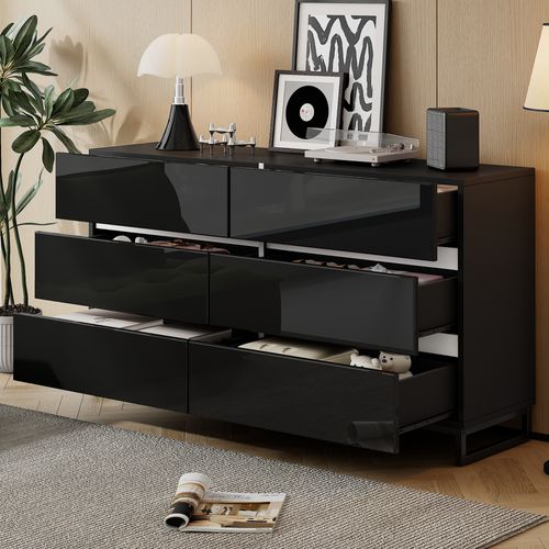 Commode Noire 140 X 39,5 X 78,5 Cm, 6 Tiroirs, Pieds Métalliques, Grande Capacité De Rangement.