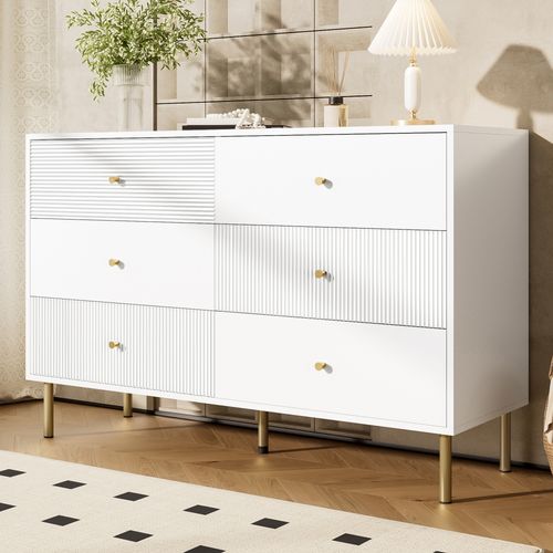 Commode Blanche Moderne 6 Tiroirs, Poignées Zinc, Pieds Acier, Mdf 120×40×78 Cm, Pour Chambre.