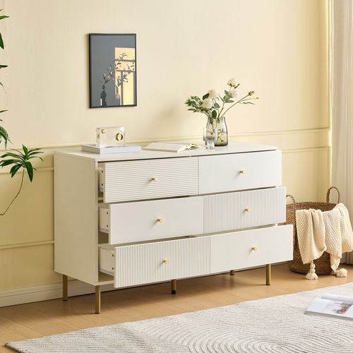 Commode Blanche Moderne 6 Tiroirs, Poignées Zinc, Pieds Acier, Mdf 120×40×78 Cm, Pour Chambre.