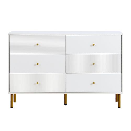 Commode Blanche Moderne 6 Tiroirs, Poignées Zinc, Pieds Acier, Mdf 120×40×78 Cm, Pour Chambre.