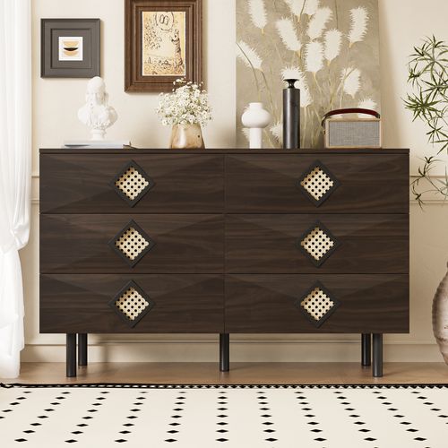 Commode Élégante 6 Tiroirs, Poignées En Rotin, Rangement Pratique Pour Chambre Et Salon
