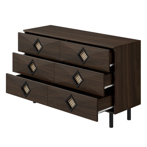 Commode Élégante 6 Tiroirs, Poignées En Rotin, Rangement Pratique Pour Chambre Et Salon