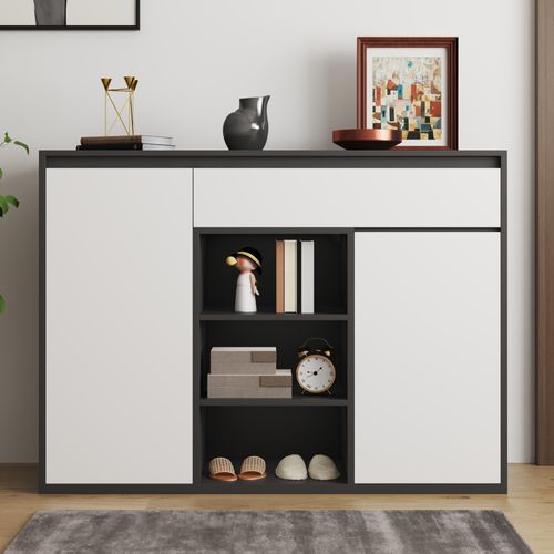 Meuble à Chaussures Noir Et Blanc, 2 Portes, 1 Tiroir, Étagères Réglables, 12 à 17 Paires