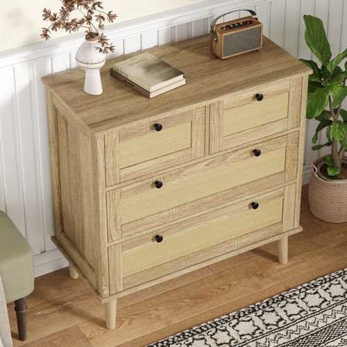 Commode 4 Tiroirs En Rotin, Pieds En Bois Massif – Meuble De Rangement Élégant Et Naturel