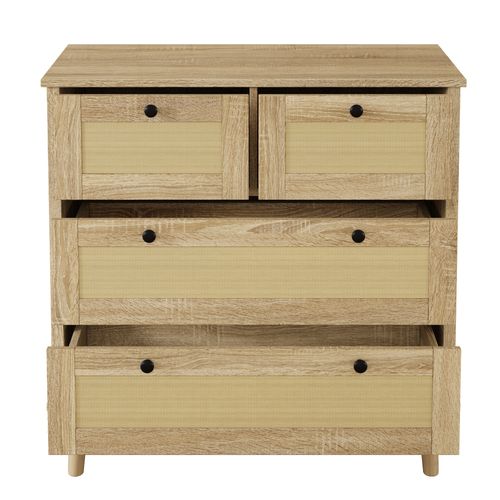 Commode 4 Tiroirs En Rotin, Pieds En Bois Massif – Meuble De Rangement Élégant Et Naturel