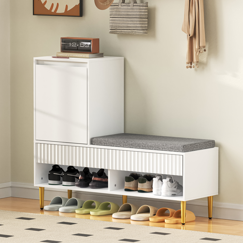 Meuble à Chaussures Moderne Blanc 100x35x90 cm Avec Banquette, 1 Porte, 2 Tiroirs, 2 Étagères