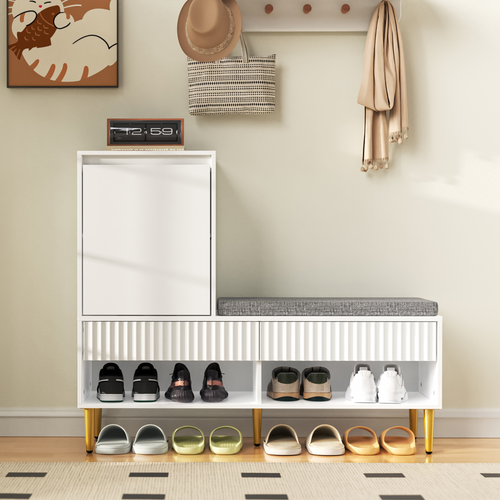 Meuble à Chaussures Moderne Blanc 100x35x90 cm Avec Banquette, 1 Porte, 2 Tiroirs, 2 Étagères