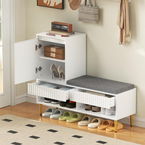 Meuble à Chaussures Moderne Blanc 100x35x90 cm Avec Banquette, 1 Porte, 2 Tiroirs, 2 Étagères