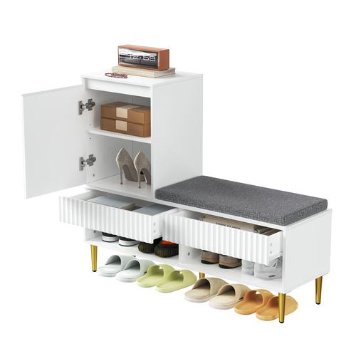 Meuble à Chaussures Moderne Blanc 100x35x90 cm Avec Banquette, 1 Porte, 2 Tiroirs, 2 Étagères