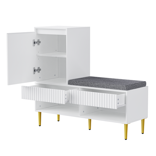 Meuble à Chaussures Moderne Blanc 100x35x90 cm Avec Banquette, 1 Porte, 2 Tiroirs, 2 Étagères